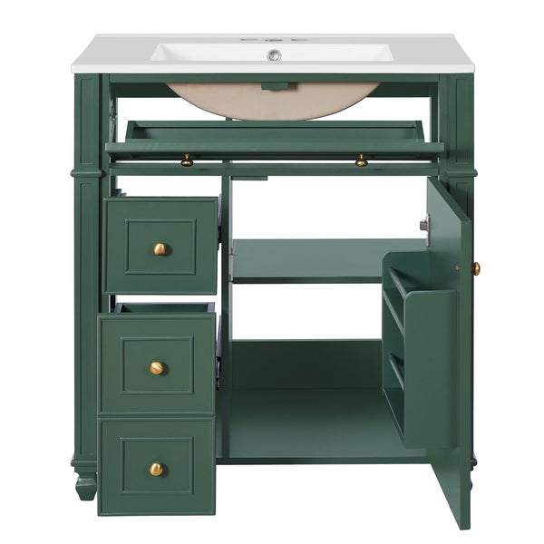 English Elm Bathroom Vanity with Sink French-Inspired 30" Ceramic Basin Vanity Cabinet with Soft-Close Doors & Drawer Organizer Green N710P286723F