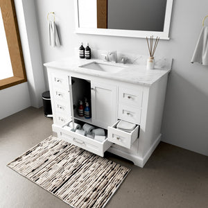 English Elm White Single Bath Vanity 48 in. W x 22 in. D with Carrara Marble Top, 9 Drawers, Soft-Close, Mirror Included B2731S00648