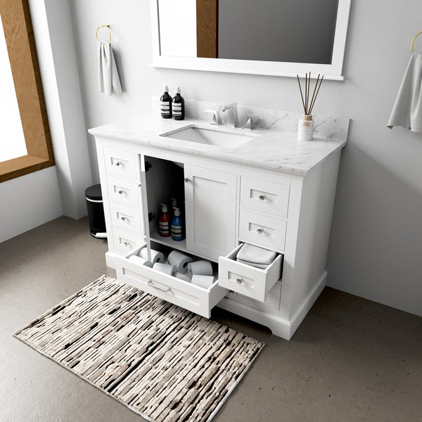 English Elm White Single Bath Vanity 48 in. W x 22 in. D with Carrara Marble Top, 9 Drawers, Soft-Close, Mirror Included B2731S00648