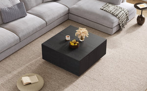 English Elm 33.25" Square Coffee Table with 4 Drawers — Minimalist Modern MDF Design, Space-Saving Durable Centerpiece Black N735P277298B