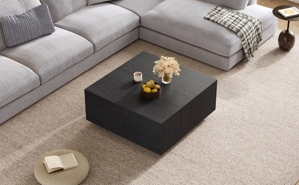 English Elm 33.25" Square Coffee Table with 4 Drawers — Minimalist Modern MDF Design, Space-Saving Durable Centerpiece Black N735P277298B