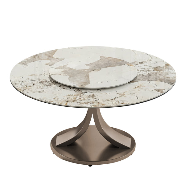 English Elm 59" Round Dining Table With 360° Lazy Susan - Durable Sintered Stone Top, Heat & Scratch Resistant! W2699S00053