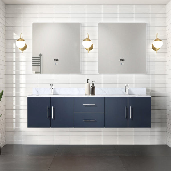 English Elm Navy Double Bath Vanity 72” W, Carrara Marble Top & 30” Led Mirrors - Stylish Storage Solution! B2731S00831