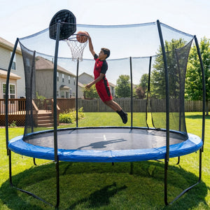 English Elm 14 Foot Pumpkin Shaped Backyard Trampoline with Basketball Hoop Galvanized Steel Frame W2071P319084