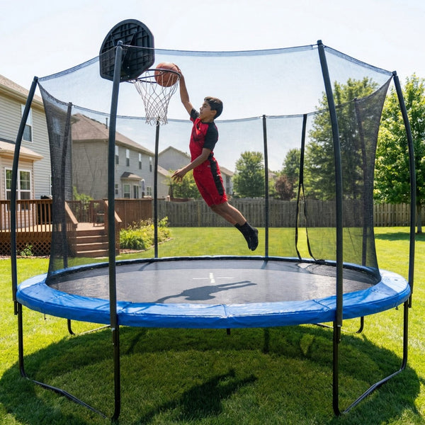 English Elm 14 Foot Pumpkin Shaped Backyard Trampoline with Basketball Hoop Galvanized Steel Frame W2071P319084