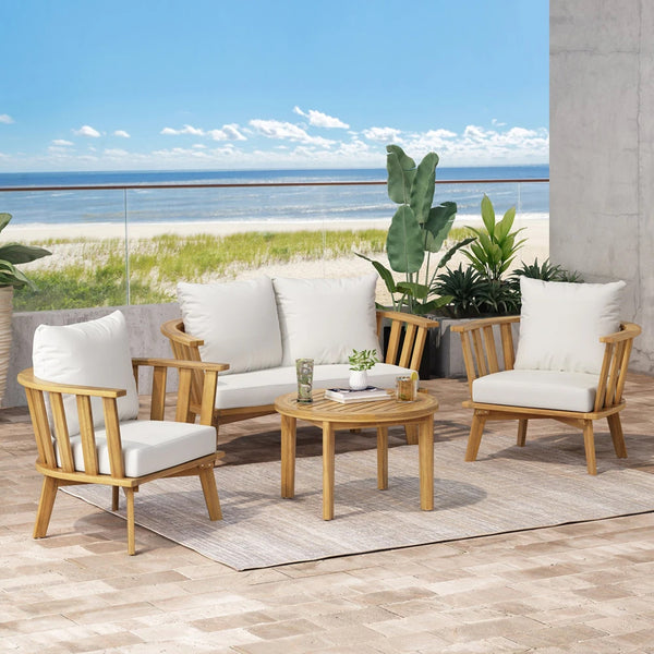 English Elm Christopher Knight Home® - 4-Pieces Acacia Wood Patio Furniture Set - Stylish Outdoor Seating With Soft Cushions & Coffee Table 64851.00WHI-2_70334.00WHI_70335.00