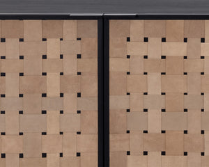 Sunpan Omari Sideboard - Stylish Suede Light Tan Leather with Unique Weaved Design and Matte Black Base Large - 80W x 22D x 30.5H
