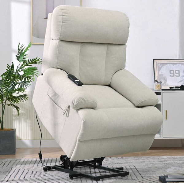 English Elm Oversized Power Lift Recliner Chair with Remote Control, Spacious Fabric Seat and Side Pocket for Comfort and Support Light Gray W1028P261273