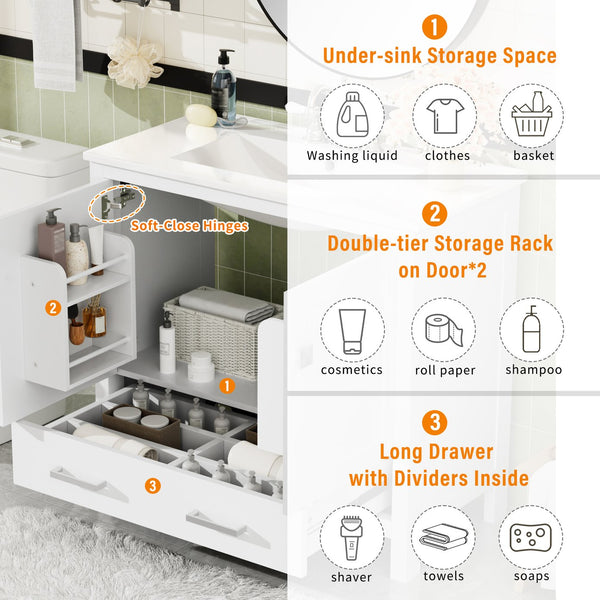 English Elm 72" White Bathroom Vanity Set with Dual Ceramic Sinks, Soft-Close Doors, Divided Drawers & Ample Storage, Solid Wood Frame, Easy Plumbing Access N729P000006K