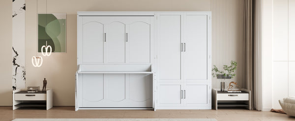 English Elm Queen Murphy Bed with Wardrobe Cabinet Hydraulic Lift Mdf Space Saving Wall Unit White LP000581AAK