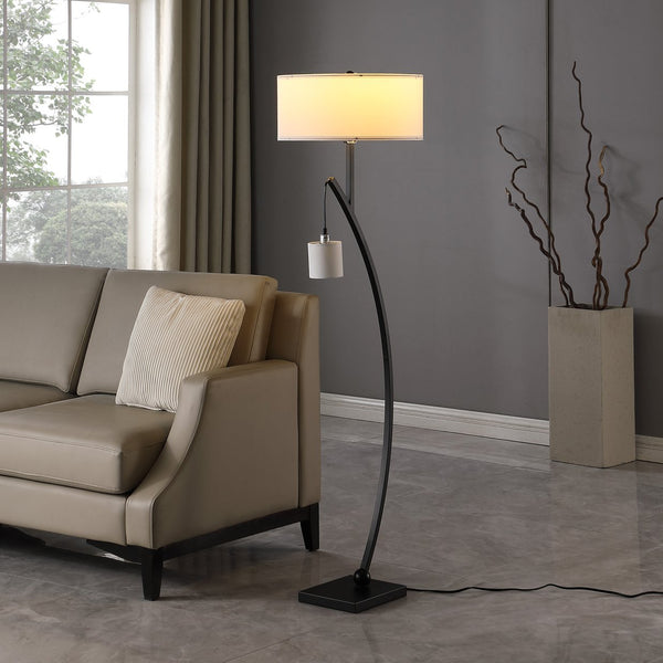 English Elm 59" Contemporary Dual Arc Floor Lamp with Hanging Pendant & Drum Shades, 3-Way Rotary Lighting Control Matte Black B072P222447