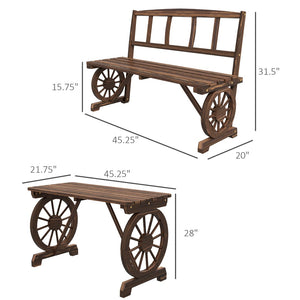 English Elm Outsunny Rustic Pine Outdoor Dining Set Seats 4 with Wagon Wheel Carved Benches W2225P174471