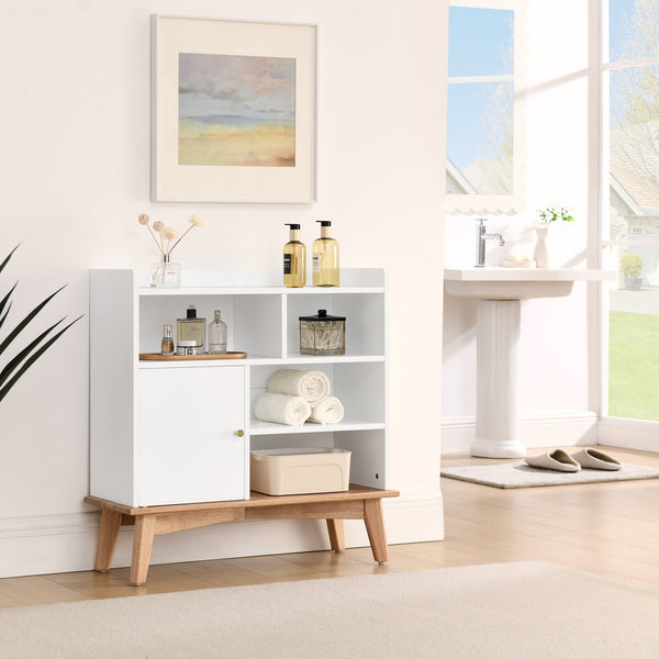 English Elm Colorblocking Oak Natural Wood + Off White Storage Cabinet with Solid Wood Base, 5 Shelves & Outlet W1801P195703