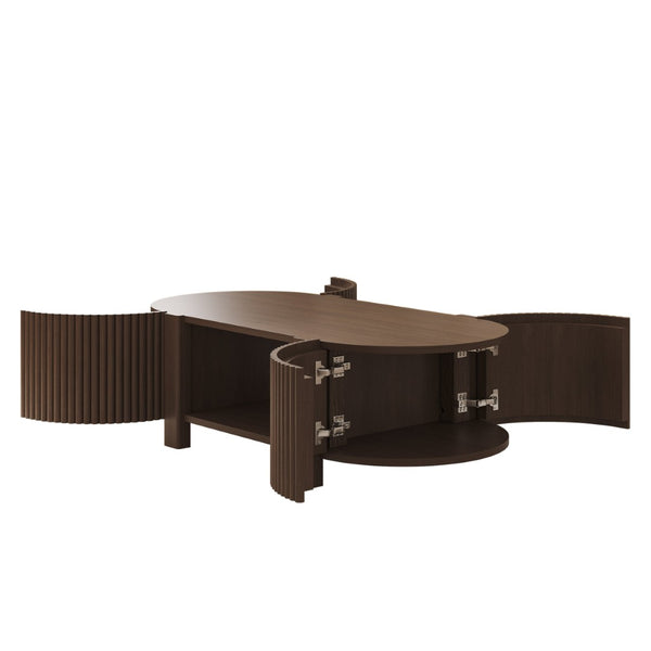 English Elm Oval Fluted Rubberwood Coffee Table with Open Storage Shelf for Living Room Walnut N735P369880D