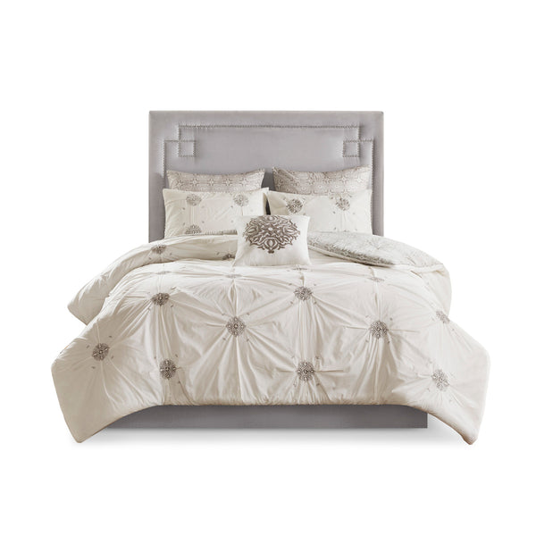 English Elm 6 Piece Madison Park Malia Embroidered Cotton Reversible Comforter Set Ivory Grey King/Cal King — Shabby Chic Elegance B035128873