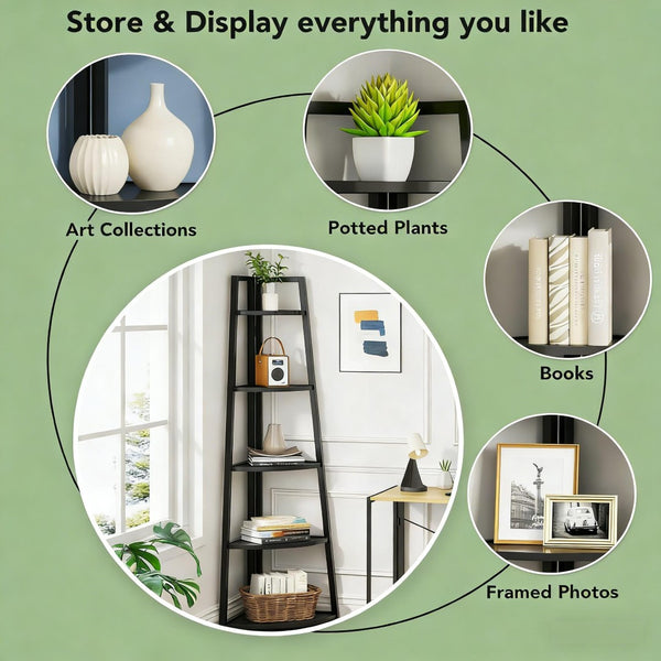 English Elm Tall 5 Tier Corner Ladder Bookshelf with Metal Frame for Living Room Storage T3971P453200
