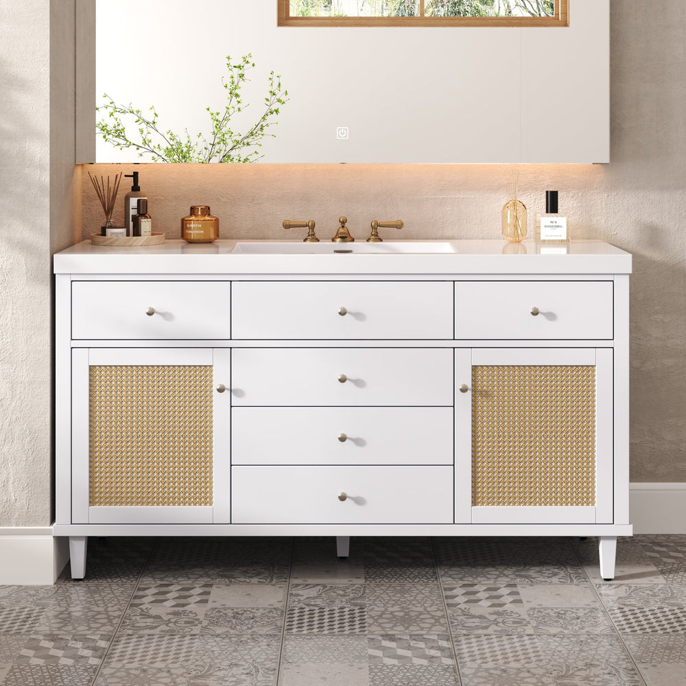 English Elm Christopher Knight Home® - 60" Modern Bathroom Vanity with Durable SMC Sink, Rattan Doors, Soft-Close Drawers, Pine Legs White N817P296130W