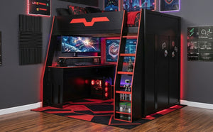 English Elm Full Size Wood Loft Bed with Rgb Lighting Desk and Multi-tier Shelves for Gaming Red LT000374AAR