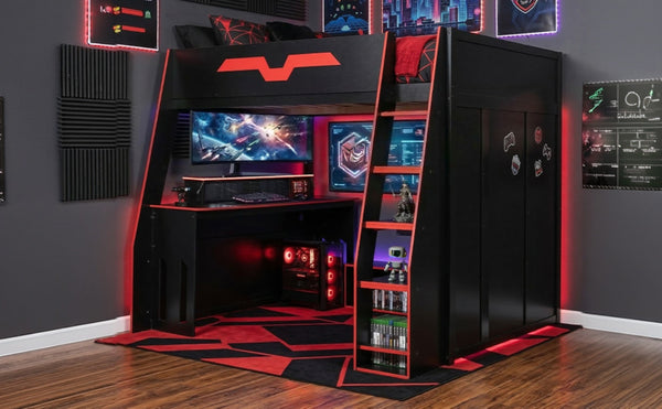 English Elm Full Size Wood Loft Bed with Rgb Lighting Desk and Multi-tier Shelves for Gaming Red LT000374AAR