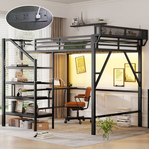 English Elm Queen Metal Loft Bed with Staircase Storage Foldable Desk and Built-in Charging W2580S00073
