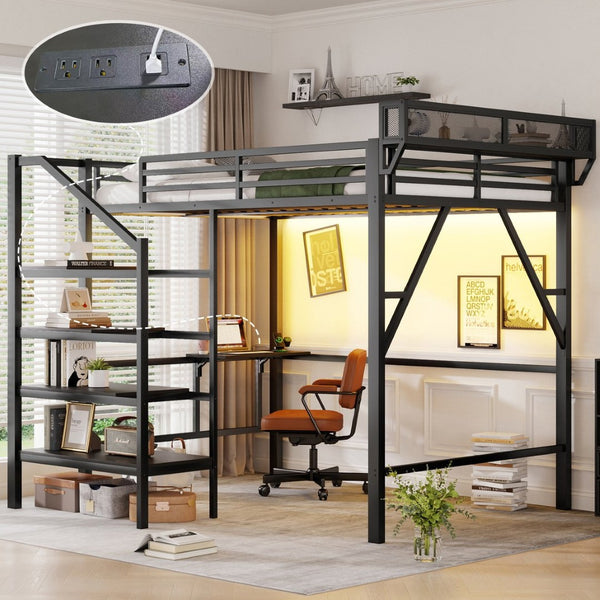 English Elm Queen Metal Loft Bed with Staircase Storage Foldable Desk and Built-in Charging W2580S00073