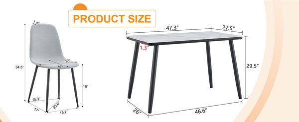 English Elm Table and Chair Set Marble Glass Top Dining with Six Gray Linen Upholstered Seats W1151S04658