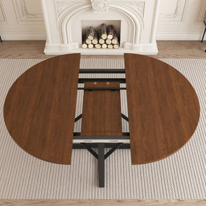 English Elm 47 Inch Extendable Round Dining Table Walnut Finish Seats 8 with Wire Grid Shelf W2700P385520