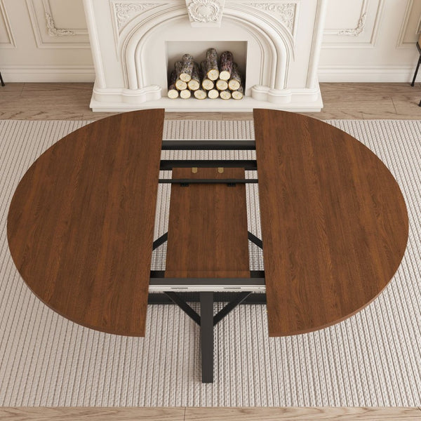 English Elm 47 Inch Extendable Round Dining Table Walnut Finish Seats 8 with Wire Grid Shelf W2700P385520