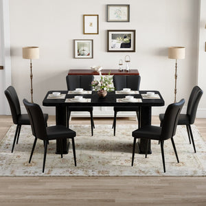 English Elm Table Black Wood Dining Set With 6 Stylish Pu Chairs, Textured Finish & U-Shaped Metal Legs For Modern Homes W1151S04315-GIGA