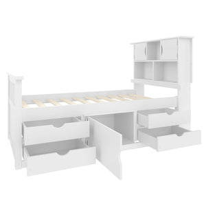 English Elm Twin Captain Platform Bed with Bookcase Headboard Four Drawers Pine Mdf Frame White GX001828AAK-1
