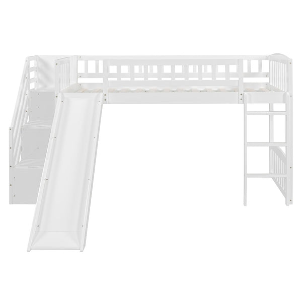 English Elm Stairway Twin Loft Bed with Storage Staircase Slide and Guardrails for Kids White LT000515AAK-1