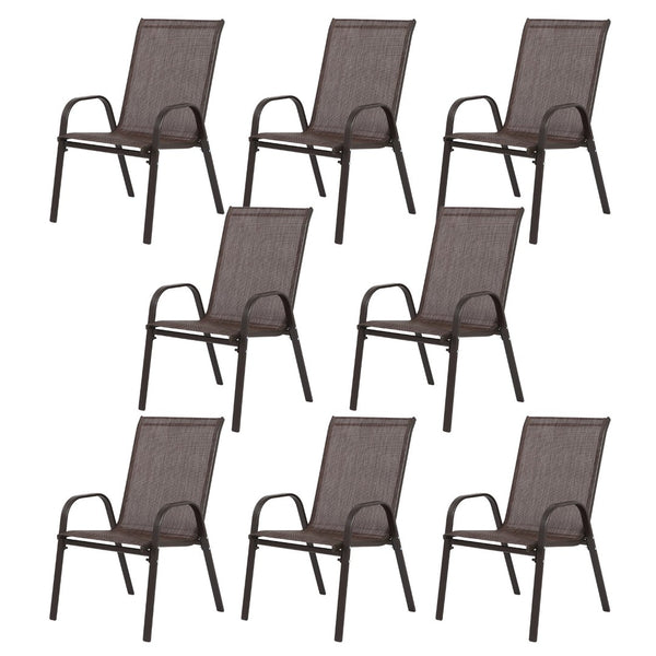 English Elm 8 Piece High Back Outdoor Patio Chairs Stackable Steel Frame Breathable Mesh Seating Set Brown W640P417202