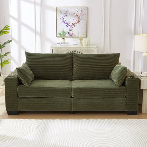 English Elm 78"corduroy Plush Three Seat Sofa with Usb Ports Cup Holders Deep Cushions Apartment Green W3705P455917