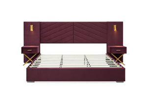 English Elm Queen Velvet Wingback Platform Bed Channel Tufted Upholstered Frame No Box Spring Red W1793S00053