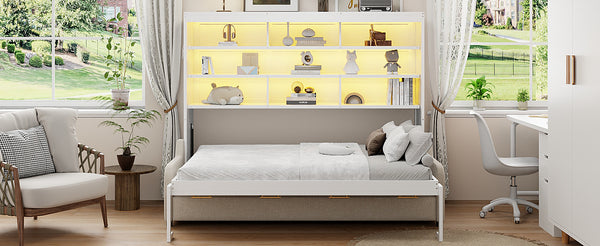 English Elm Queen Murphy Cabinet Bed with Sofa Foldaway, Built-In Shelves, LED Lighting, Space-Saving Beige N7090000603A