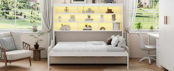 English Elm Queen Murphy Cabinet Bed with Linen Sofa Built-in Shelves and Integrated Led Light N7090000603A-1