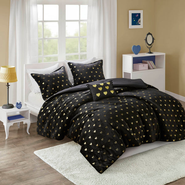 English Elm 4 Pcs Luxurious Black/Gold Metallic Plush Comforter Set With Decorative Pillow For Full/Queen Beds B035P319892
