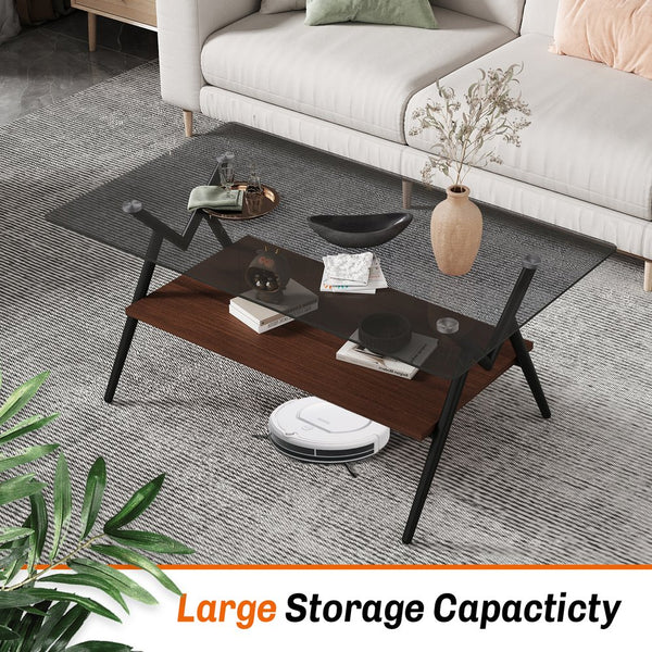 English Elm Coffee Table Set Of 3 With Gray Tempered Glass Top, Stylish Mdf Shelf & Iron Legs For Modern Living W241S00047