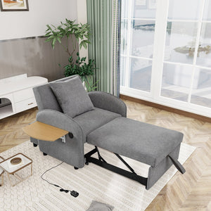 English Elm Convertible Single Chair Bed with Foldable Computer Desk, USB Charging, 3-in-1 Recliner to Bed Comfort Gray W2941P325532