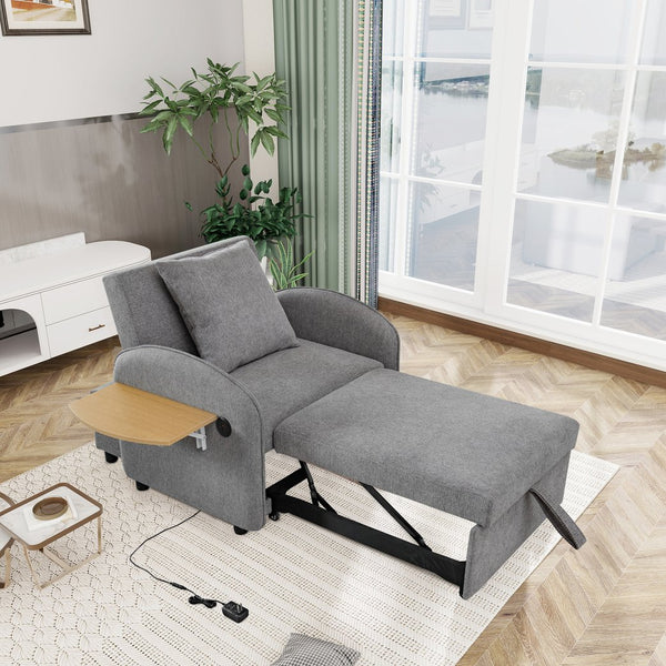English Elm Convertible Single Chair Bed with Foldable Computer Desk, USB Charging, 3-in-1 Recliner to Bed Comfort Gray W2941P325532