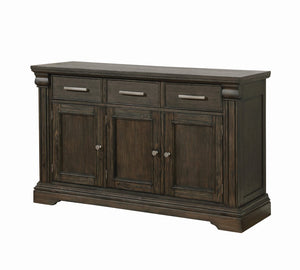 English Elm Contemporary Rustic Server with Solid Wood Accents, Molded Details and Functional Storage Drawers for Dining Room Furniture Espresso,Warm Grey 63 L x 22 W x 41 H B2741P309204