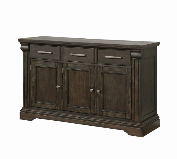 English Elm Contemporary Rustic Server with Solid Wood Accents, Molded Details and Functional Storage Drawers for Dining Room Furniture Espresso,Warm Grey 63 L x 22 W x 41 H B2741P309204
