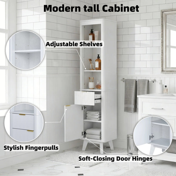 English Elm 68" Tall Fluted Freestanding Storage Cabinet with Drawer and Adjustable Shelf for Bathroom White N817P375218W