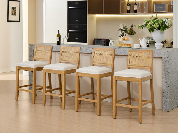 English Elm Full Solid Wood Rattan-Back Bar Stools Set Of 2 - Stylish Beige Cushions For Rustic Kitchen & Café W1143P384367