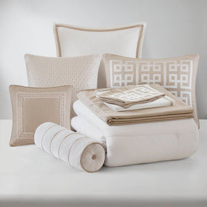 English Elm 8-piece Queen Bedding Set Slub Fabric Embroidery Velvet Accents Boutique Hotel Style Taupe B035P482953