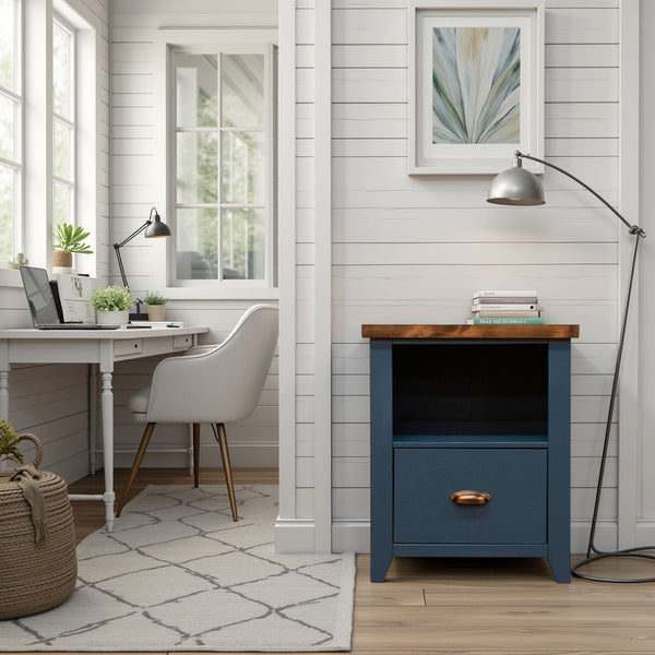 English Elm 22 inch 22 one-drawer file cabinet Blue Denim & Whiskey two-tone farmhouse style fully assembled, versatile storage B108131557