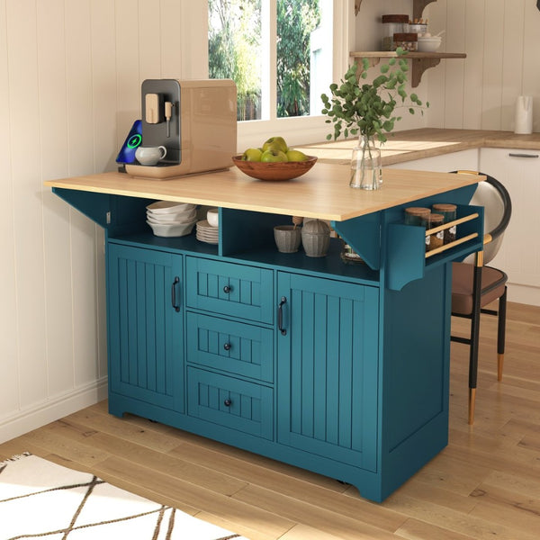 English Elm K&k Rolling Kitchen Island with Drop Leaves Power Outlet Drawers and Spice Rack Green N707S186617E