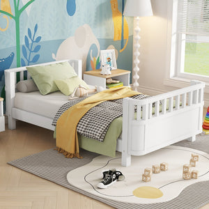 English Elm Twin Solid Pine Platform Bed with Guardrail for Kids — Low Profile White Twin Bed, Durable 250lb Capacity W2593P296772