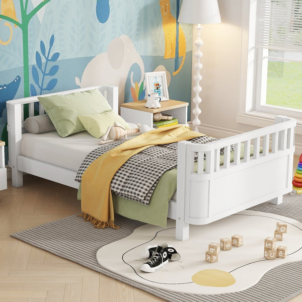 English Elm Twin Solid Pine Platform Bed with Guardrail for Kids — Low Profile White Twin Bed, Durable 250lb Capacity W2593P296772