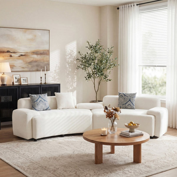 English Elm 122" Curved Sofa Off-white Fabric Four Seat Modern Living Room Couch with Damask Pillows Light Beige N758T030405A